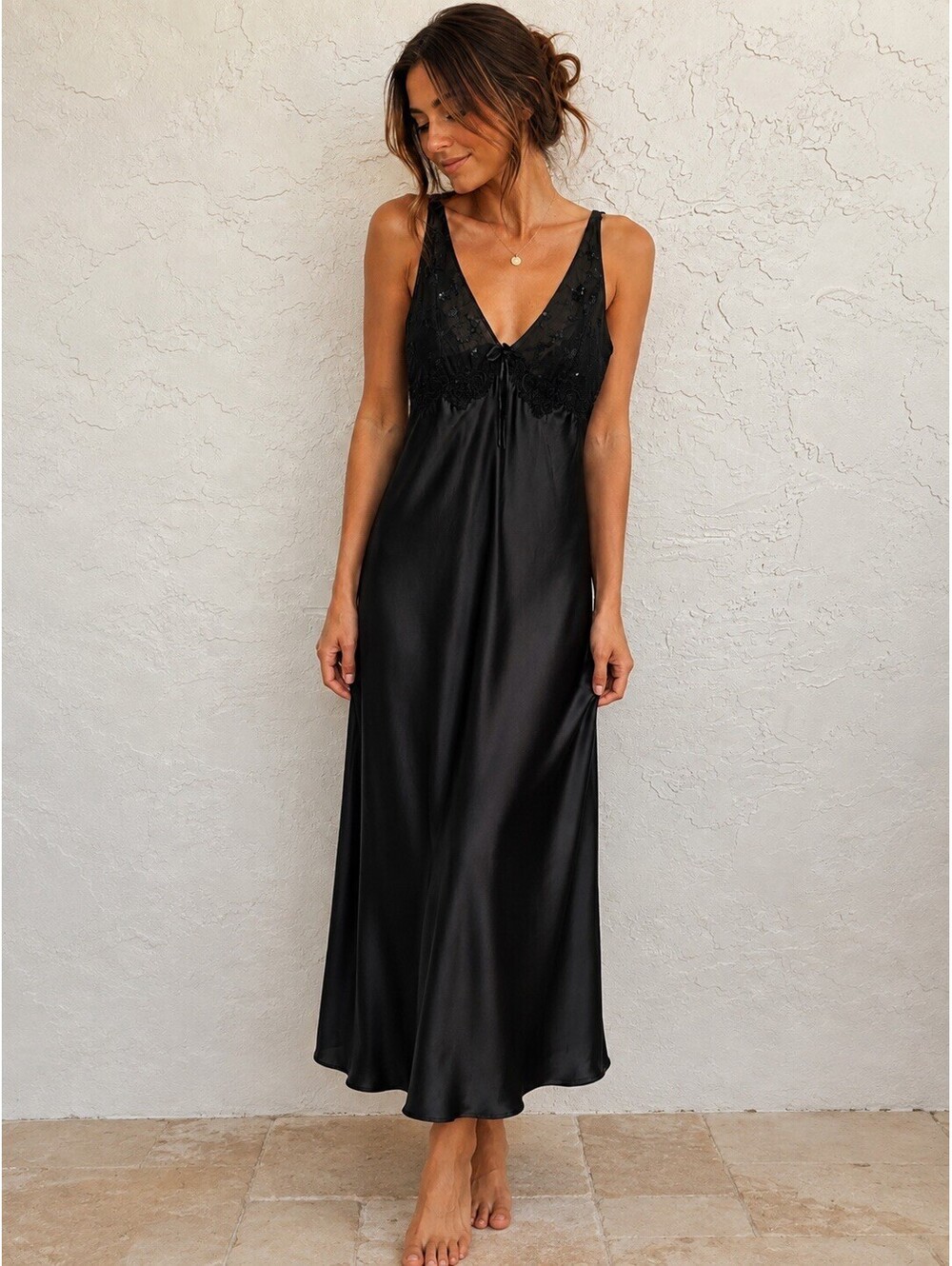 Vtg California Dynasty Black Long Nightgown Slip Dress Medium Satin Lace Y2K